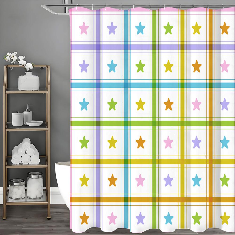 

Colorful Checkered Stars Shower Curtain Washable Dirt-Resistant Shower Head Waterproof Polyester Bath Curtain For Home Decor W60H190(CM)-1 Pcs