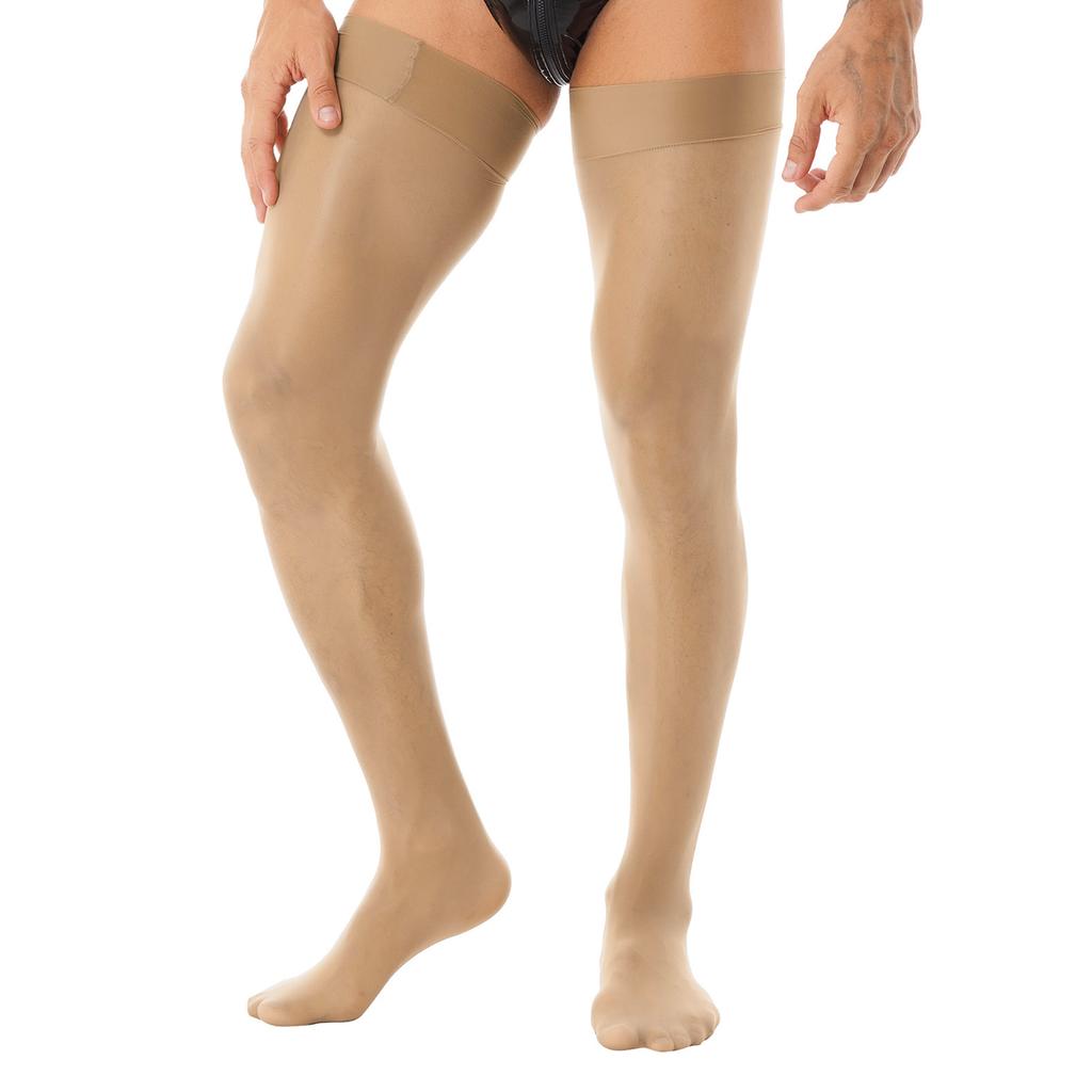 Men Glossy See-through Stockings Thin Shiny Solid Color Stretchy Sheer Thigh High Socks