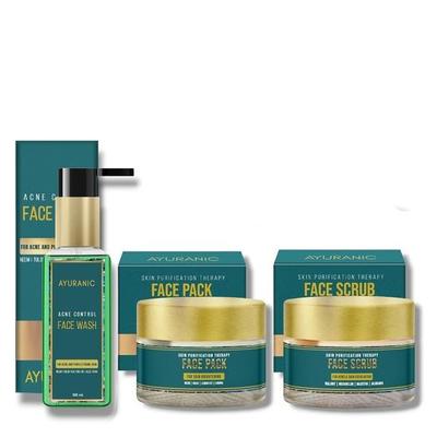 Ayuranic Acne Control Ayurvedic Face Wash (100ml), Skin Brightening Ayurvedic Face Pack (50ml) Tan Removal & Exfoliating Face Scrub (50ml)