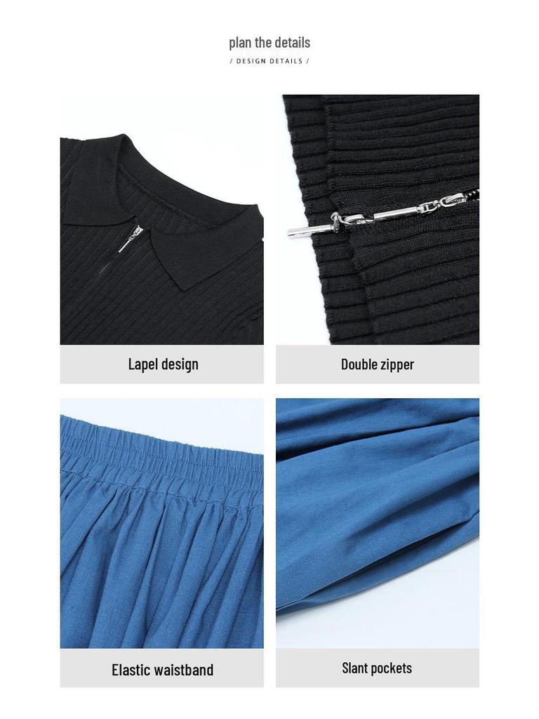 2026 Spring Fashion Slimming Knit Top & Blue A-Line Skirt Set