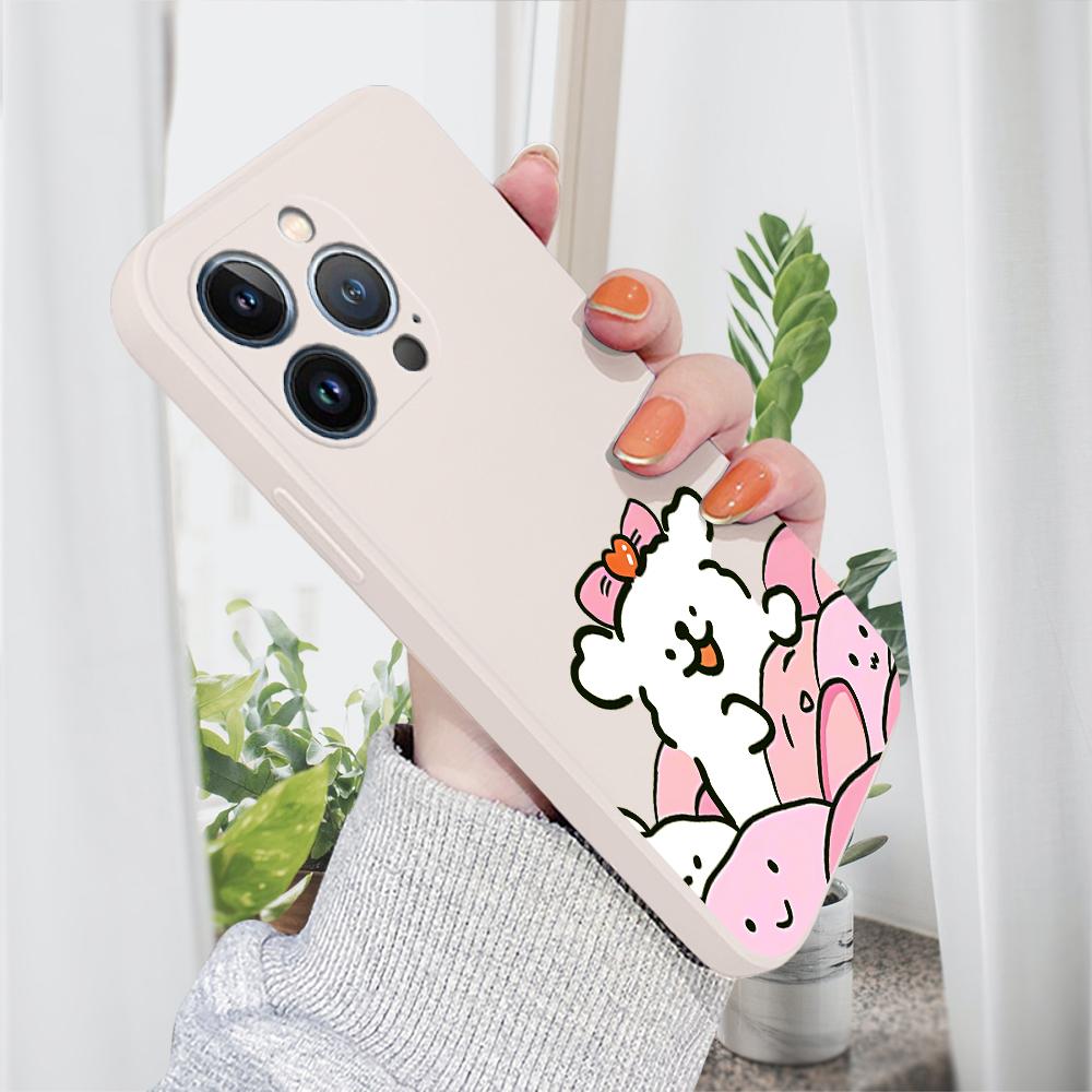 Cute Bow Puppy Phone Case for iPhone 15 14 13 12 11 Samsung Galaxy A12 A52 S24 S23 Xiaomi POCO Redmi Soft Square Liquid Silicone Cover Casing