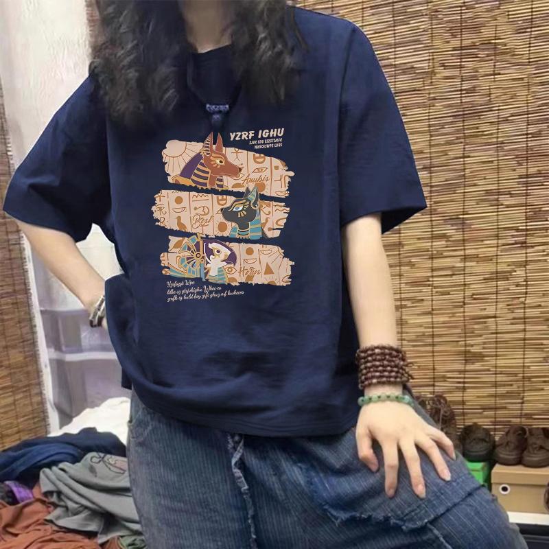 

темно-синяя большого размера хлопковая футболка с коротким рукавом женская летняя новая свободная нишевый дизайн средней длины топ ins тренд S