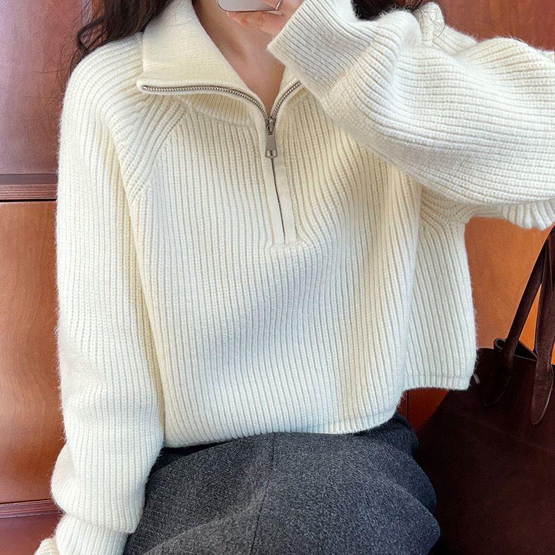 

Женские свободные вязаные пуловеры с полумолнией, осенне-зимние свитера с высоким воротником, повседневные, удобные, с длинным рукавом S