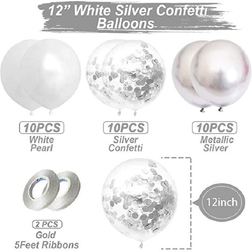 Pearlescent White Metal Silver Latex Balloon Decorative Set Happy Birthday Aluminum Film Balloon Silver Confetti Birthday Party