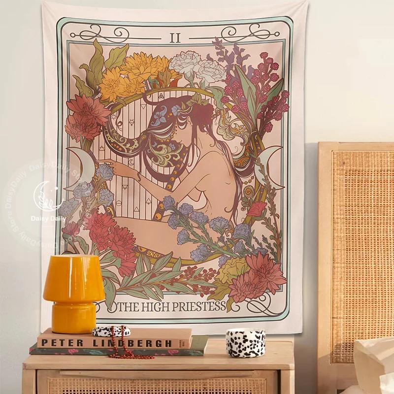 The High Priestess Tarot Tapestry Wall Hanging Trippy Witchy Cottagecore Boho Decoration Hippie Mattress Girls Dorm Room Decor
