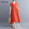 Korean Style Plus Size Summer Women Midi Dress V Neck Black White Pink Blue Yellow Orange Loose Dress Short Sleeve Casual Basic Ladies' Dress