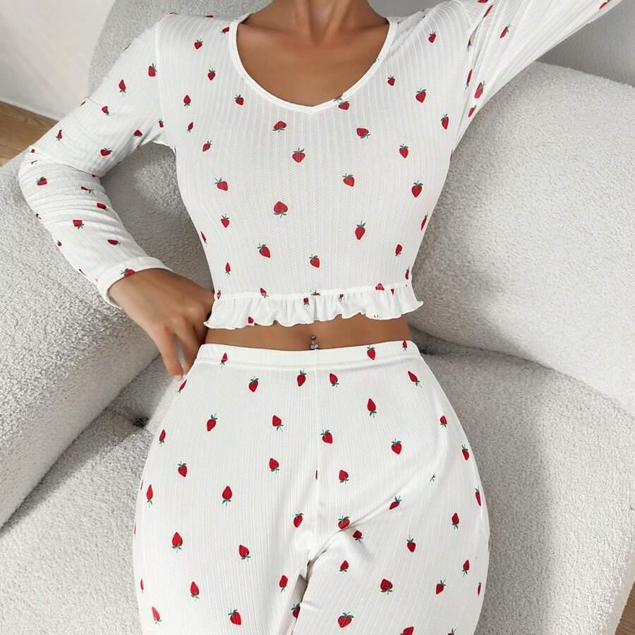 

2025 весна осень пижамы комплект женский V-образный вырез пижамный комплект клубничный принт черный белый длинный рукав укороченный топ и брюки одежда для дома S белый