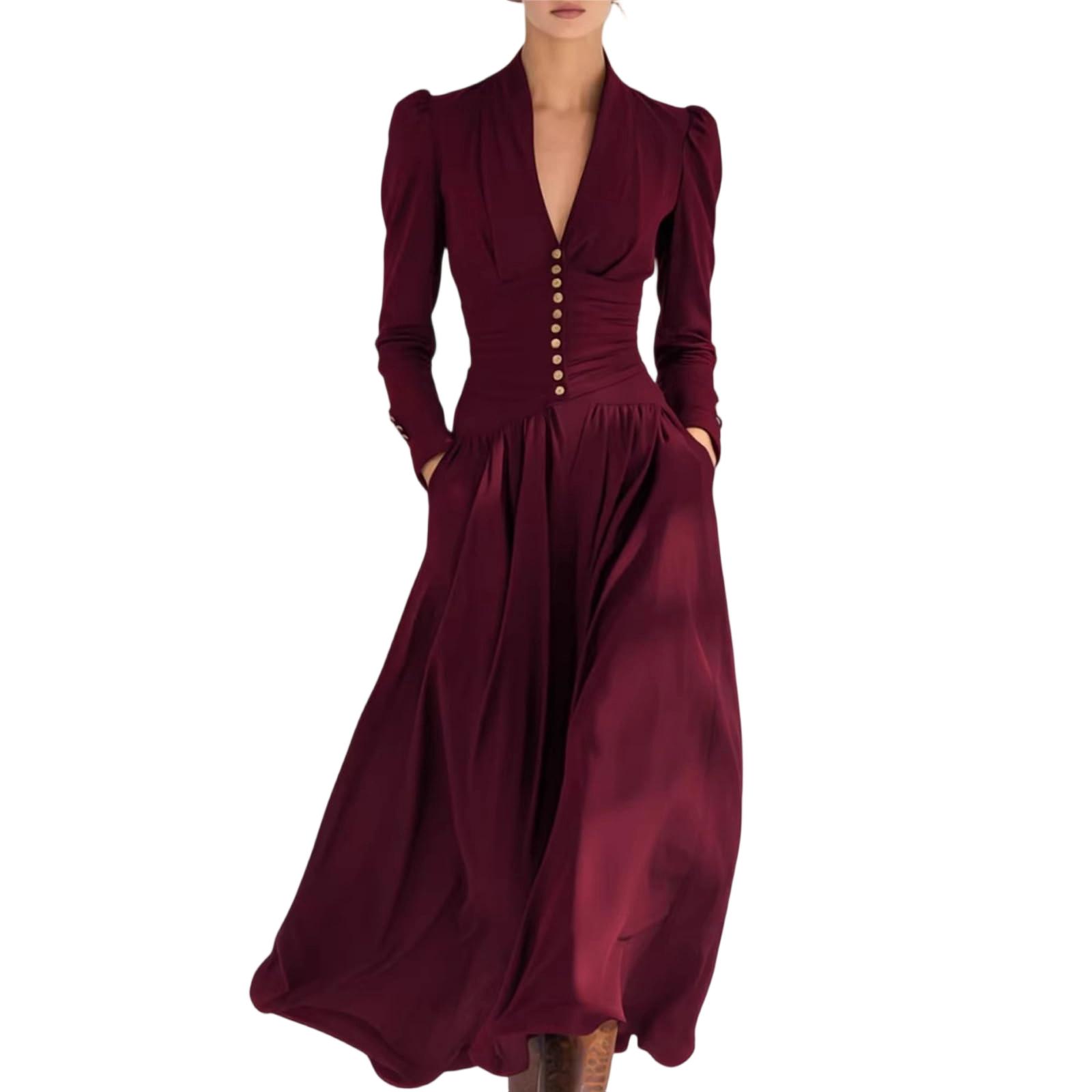 Women s Pleated Color Deep V-long Sleeved Dress M