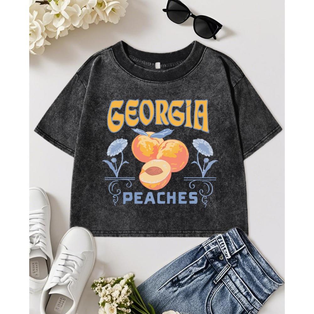 Georgia Yellow Peaches Creative Printing Washed Crop T Shirt Women Fitness Tops Slim Cotton Short Sleeve Soft T-Shirts