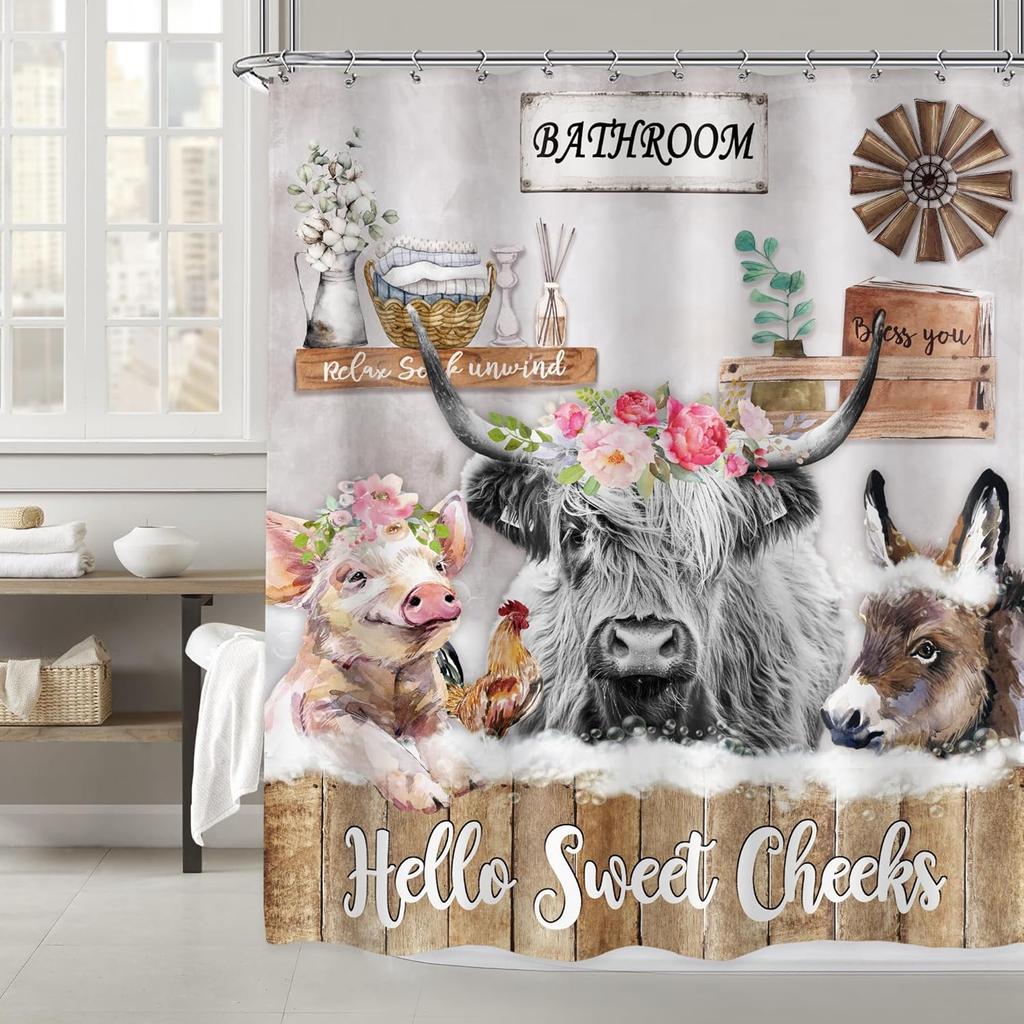 Imirell Rustikales Hochlandrind Duschvorhang 60Bx72H Zoll Bauernhof Lustiges Tier Bauernhaus Esel Huhn Schwein Blume Holz Land W