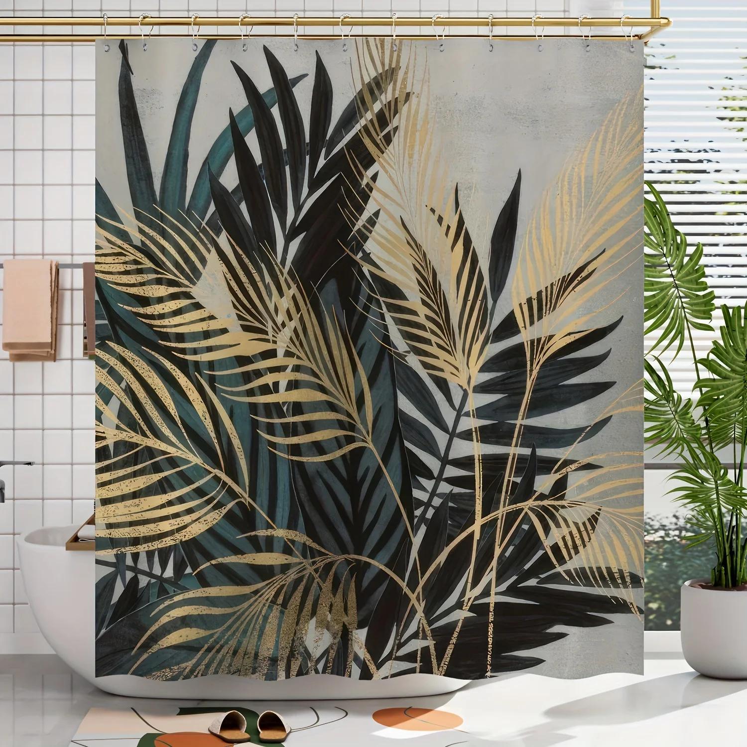 1pc Spring Summer Fashion Leaves Pattern Digital Printing Shower Curtain Bathroom Decor Home Decoration Polyester Fabric W90xH180cm