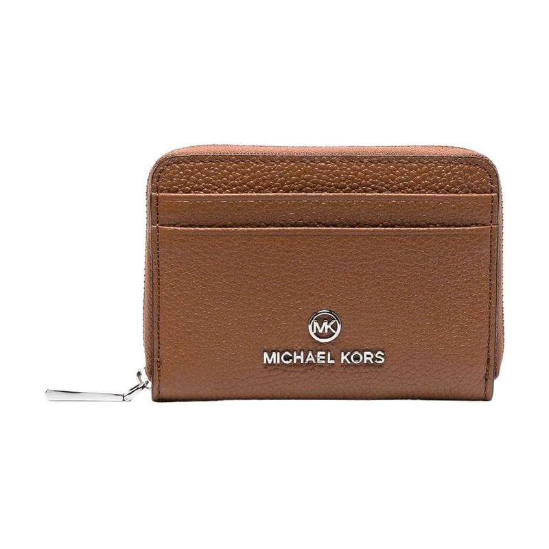 MICHAEL KORS Jet Set Silver Label Logo Wrap-around Zipper Closure Pebbled Leather Wallet Small Women s Brown серебряный