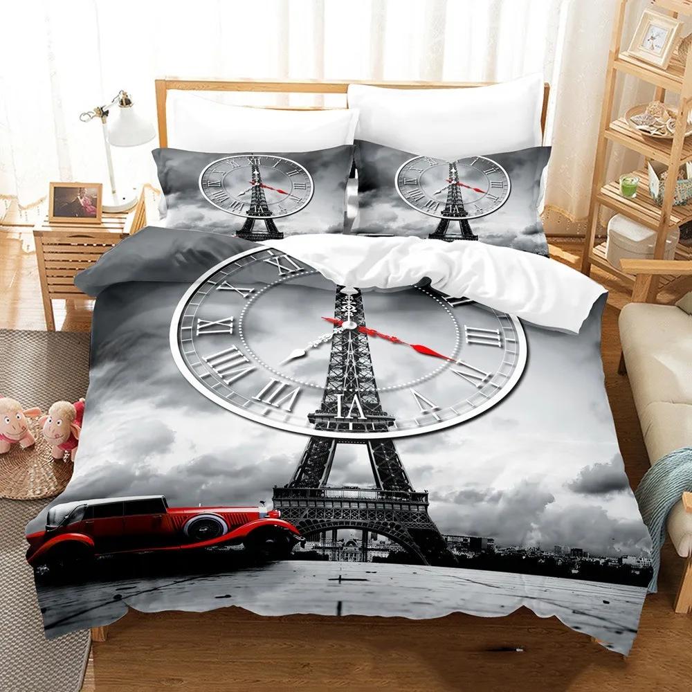 King Comfortable Quilt Cover Set Beding Digital Printing Pink Love Paris Tower Luxurious Bed Linen Set 28*28 Including (duvet Cover+pilowcase