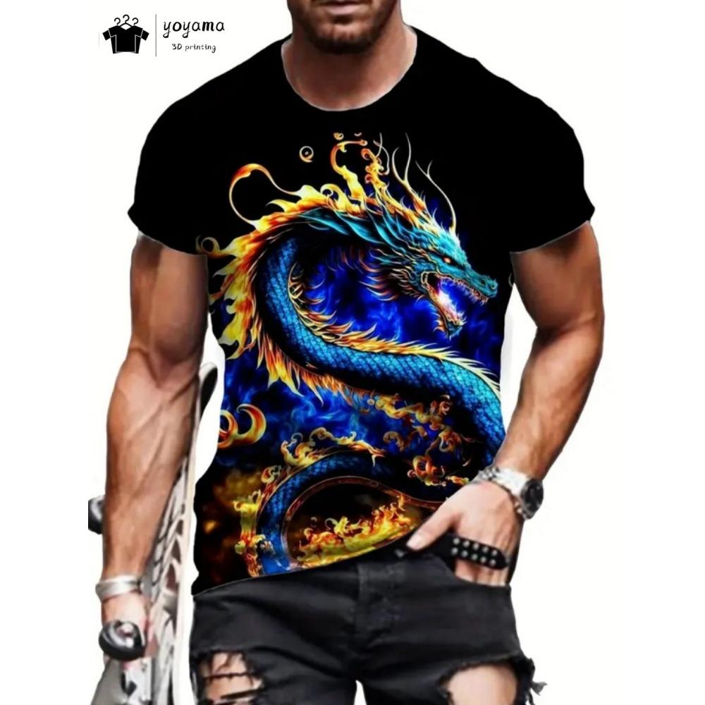 Summer 3D dragon pattern men's T-shirt, street fashion men's top, trendy oversized men's clothing, casual men's short sleeved T-shirt