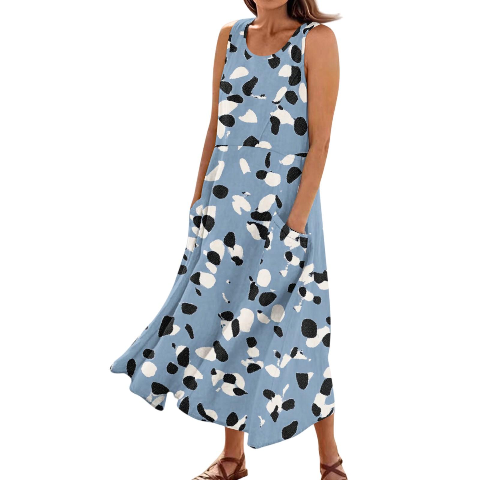 Women s Summer Casual Fashion Flower Printed Sleeveless Pocket Dress M