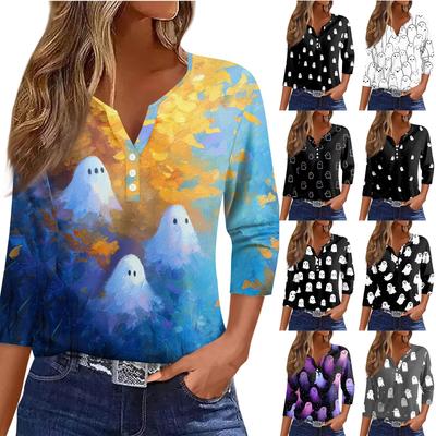 Women's T Shirt Tee Print Button 3/4 Sleeve Daily Weekend Fashion Basic V- Neck Regular Top