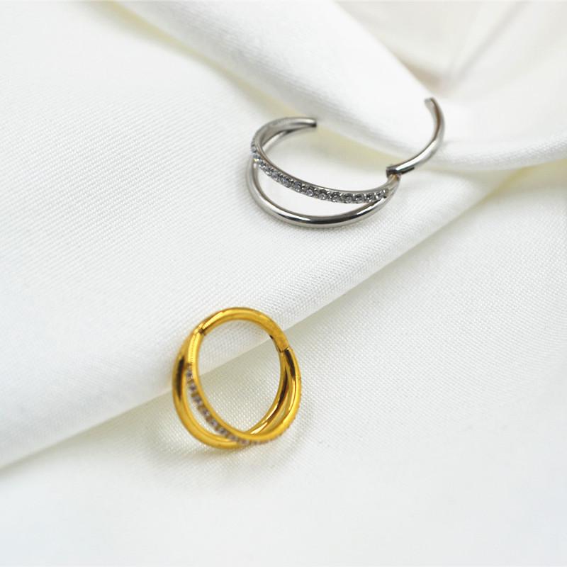 316L Steel Double Ring Micro-Paved Zircon Nose and Ear Stud for Cartilage and Conch Piercings