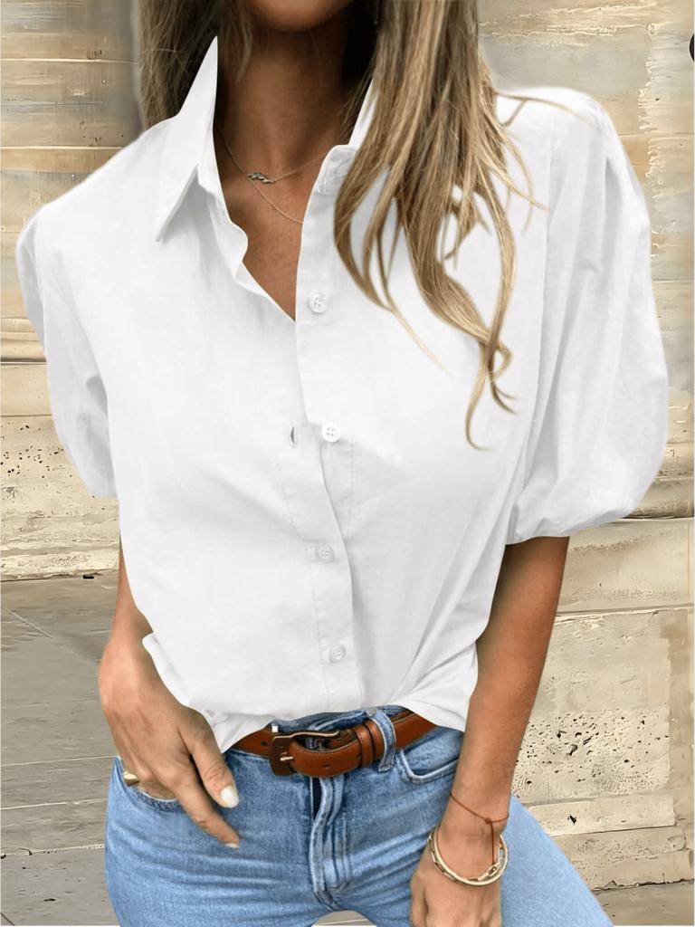 Damen Hemdbluse mit Kragen und Puffärmeln, zum Knöpfen, elegant-lässiges Sommeroberteil