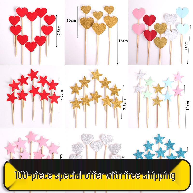 Cake Decoration Five-Pointed Star & Heart Toppers for Birthday Desserts