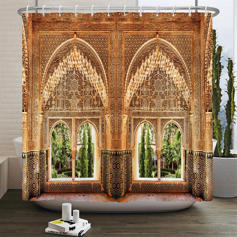 3D Moroccan Style Shower Curtain European Architectural Landscape Printed Waterproof Polyester Bathroom Curtain Decor With Hooks