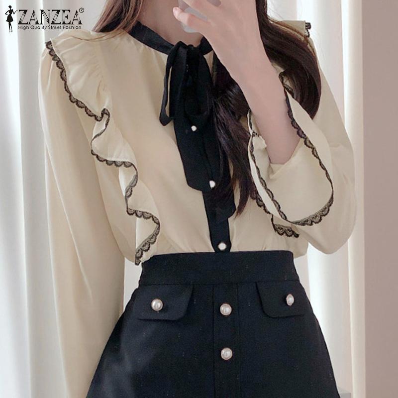 

ZANZEA Женская элегантная рубашка с завязками на шее, длинными рукавами, рюшами и пуговицами