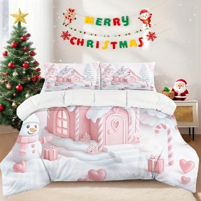 3pcs Christmas Print Quilt Set Pink Snowman Bedding Romantic Winter Gingerbread House Design Soft Bedroom Decor Heart Pattern