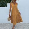 Robe d'été pour femme, coupe trapèze, longueur genou, sans manches, couleur unie, col en V