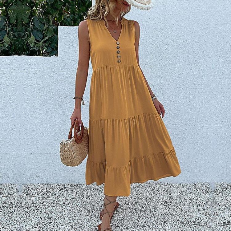 Robe d'été pour femme, coupe trapèze, longueur genou, sans manches, couleur unie, col en V
