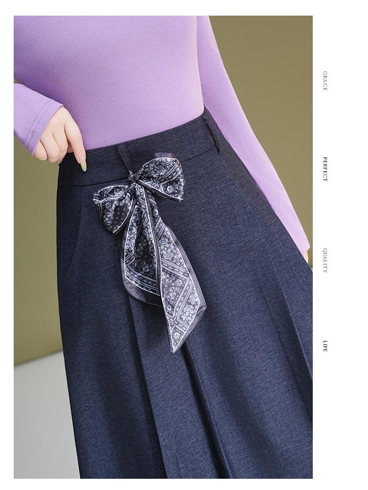 Autumn Silk Scarf Bow A-Line Pleated Skirt for Women