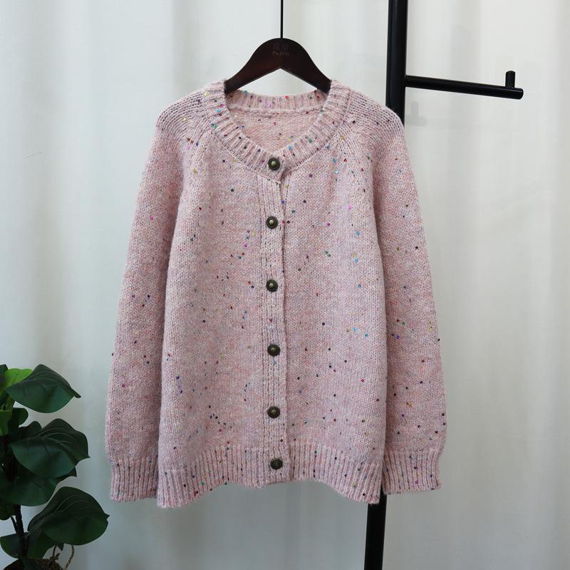 

Осень и зима новый дизайн свитера с пайетками свободного кроя, темпераментный ленивый ветер, вязаный кардиган женский one size fits all розовый