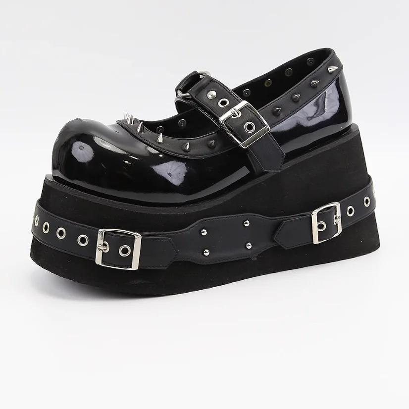 Fashion Women's Muffin Thick-soled Mary Jane Shoes, Large-sized Round-toe Fashionable Height-increasing Shoes with Riveted Decoration