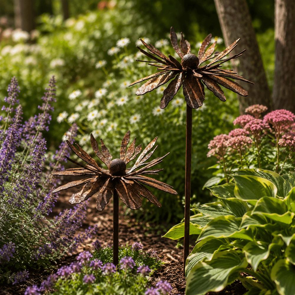 Rusted Metal Daisy Garden Stake Rustic Cornflower Decoration Decorative Plant Stake Outdoor Lawn