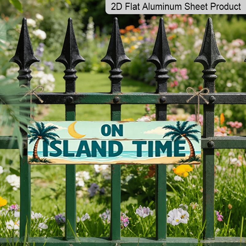 15.7×3.94inch "On Island Time" Tropical Aluminum Decorative Sign, 2D Flat Print, Beach Palm Tree Decor, Coastal Wall Art for Home or Cabin, Rustic