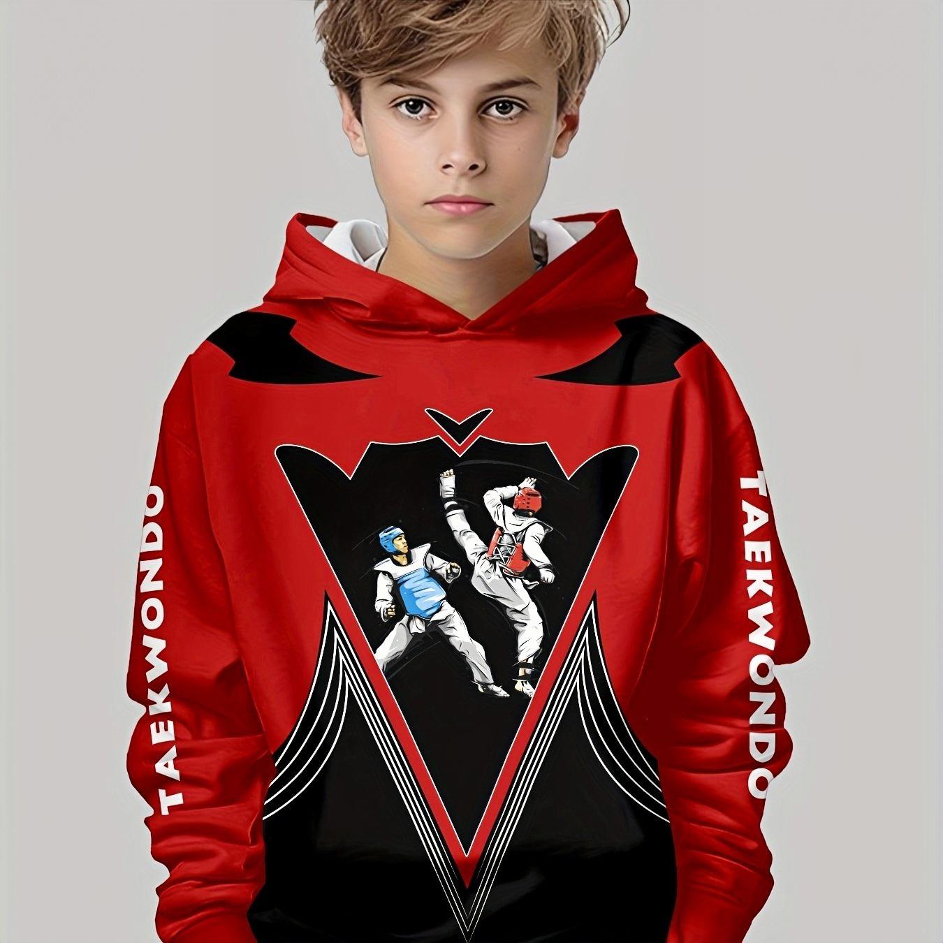 

Худи для мальчиков с 3D-принтом в стиле боевых искусств - яркая красно-черная контрастная повседневная толстовка-пуловер 13-14Y