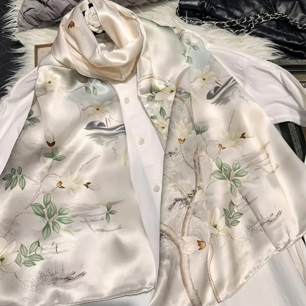 China Style Blue White 100% Silk Flower Women'S Scarf Shawl Dufanda Fall Winter Long Scarves Hijabs Fashion Silk Scarf