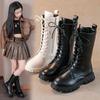 Mädchenstiefel Herbst Winter Britischer Stil Schnürung Lange Stiefel Einfarbige Prinzessin Lederstiefel Mit Samt Kinder Ritterstiefel