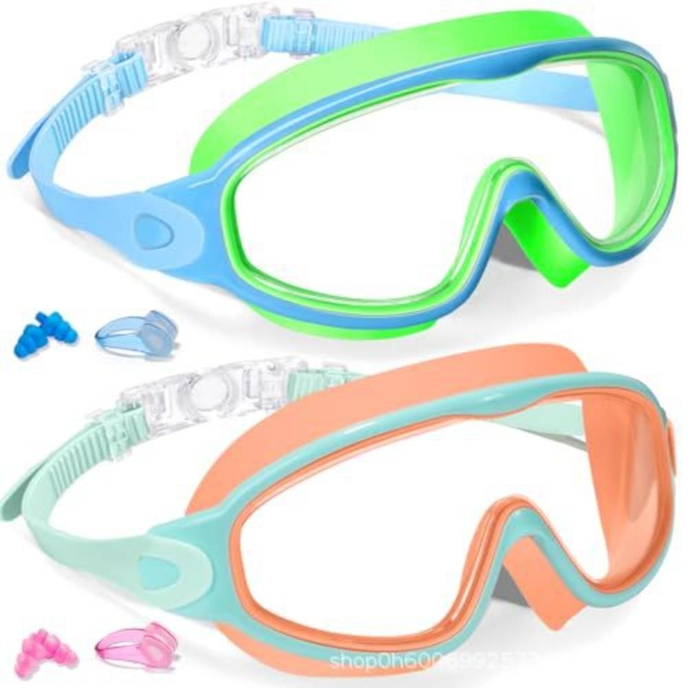 2 Pack Attached Earplugs Kids Swim Goggles Adjustable Comfortable Anti Fog Goggles Anti-UV with Nose Clip Waterproof Goggles