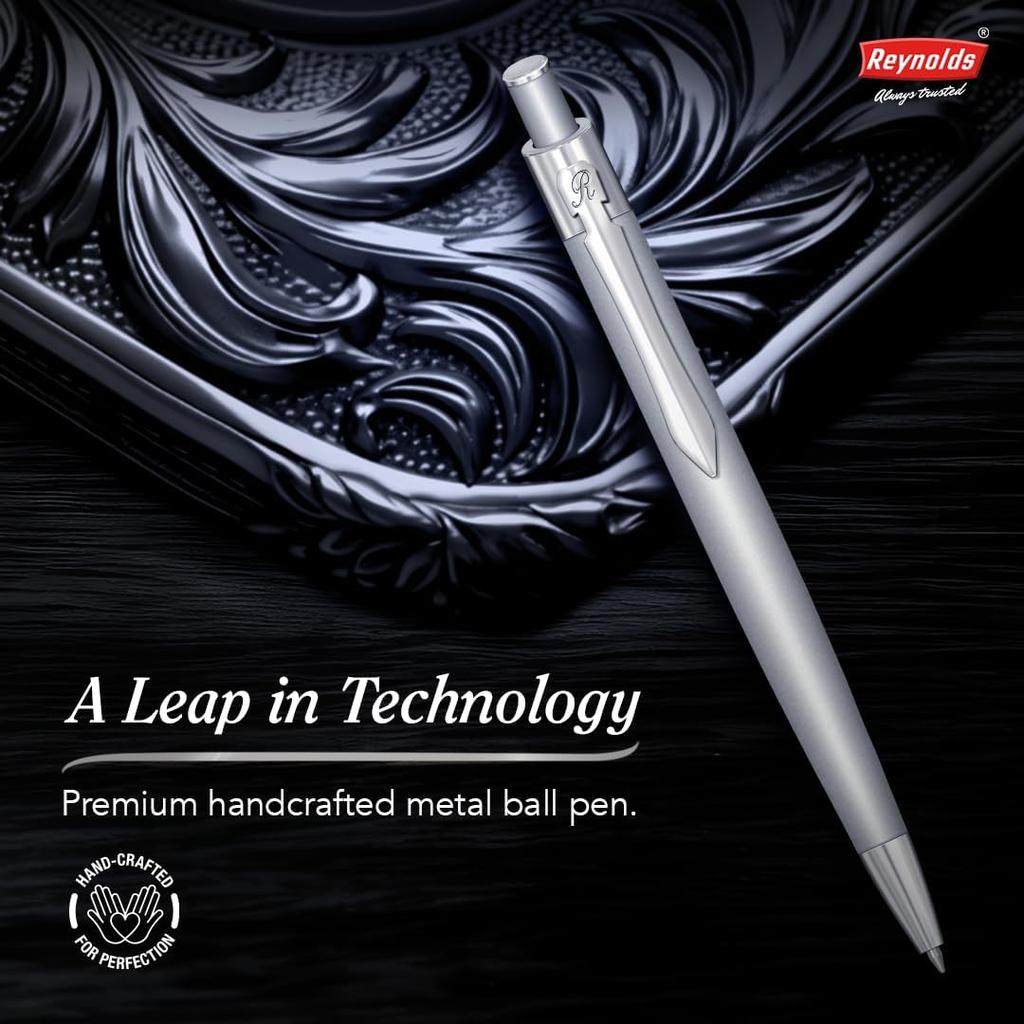 Reynolds Iconic Silver Metal Ball Pen Blue Ink 0.7mm Retractable Premium Writing Pen For Office School And Gifting