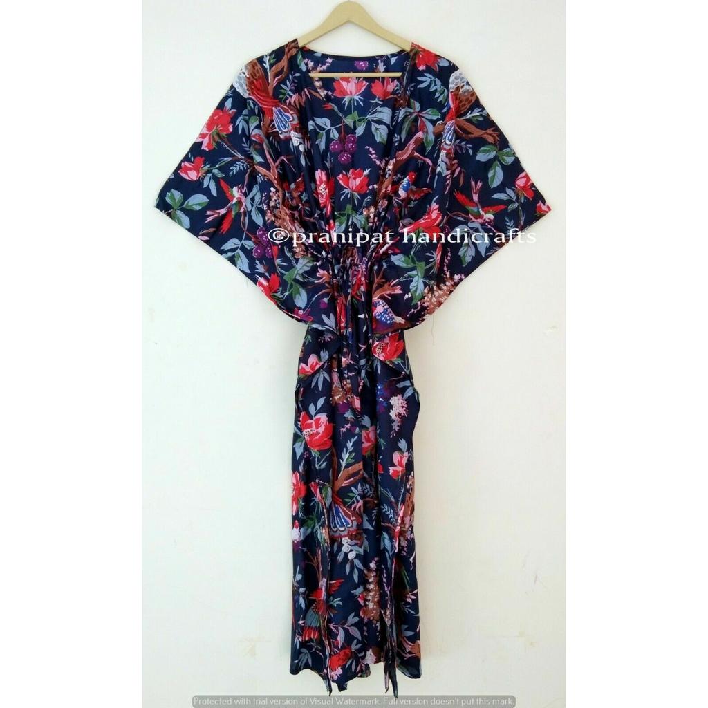Indisch Blau Lang Vogel Bedruckt Baumwolle Übergröße Maxi Damen Überwurf Kaftan Kleid CKFTN-SCRN-FULL-BUYIT-061