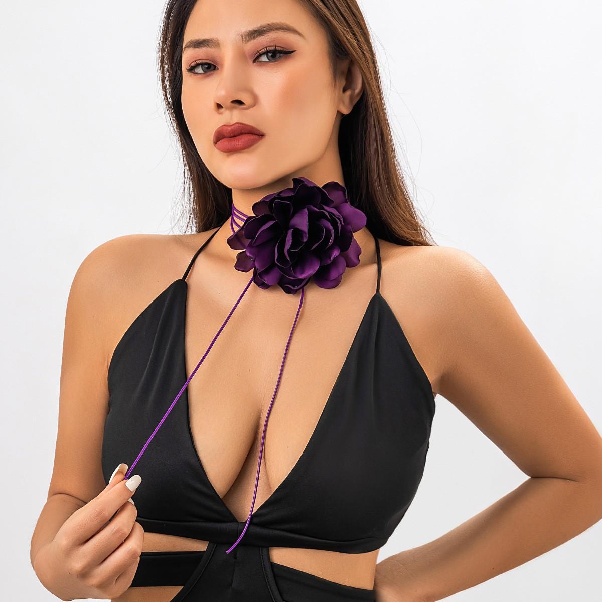 Stylish Retro French Big Flower Chocker Necklace Fringed Lace Tied Neck Chain Female