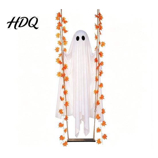 Front Door Autumn Decorations Halloween Hanging Swing Ghost Light Up Outdoor Swinging Ghost with Maple Leaf Seasonal Garden Party Ornaments