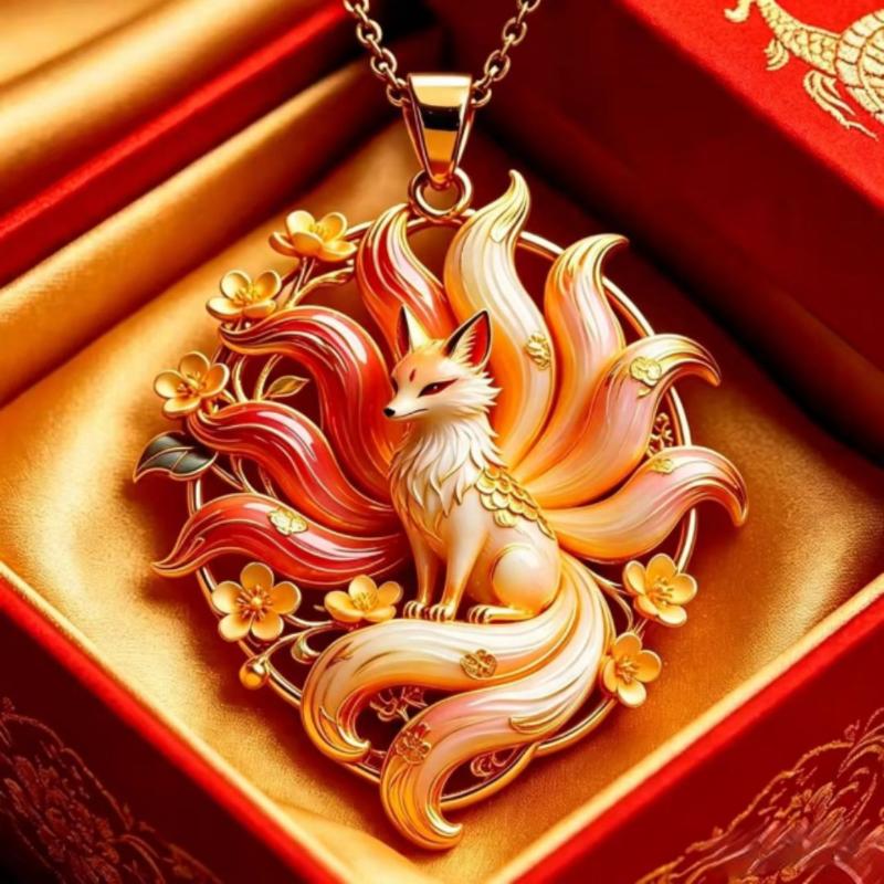 Chinese Style Nine-Tailed Fox Enamel Pendant Necklace Creative Mythology Design Fashion Jewelry For Women Thanksgiving Gift