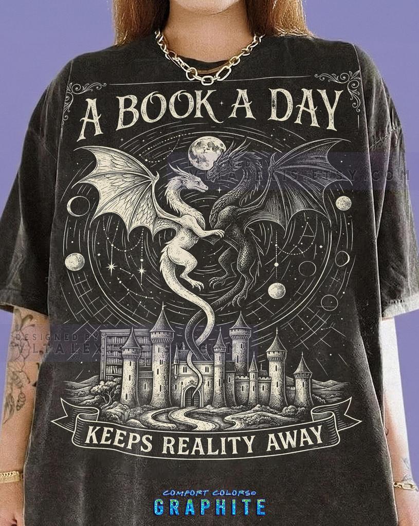 A Book A Day Keeps Reality Away Comfort Colors® Tshirt, Dragons Fantasy Castle Book Lover Tees, Dark Fantasy Magic Celestial Sweater,