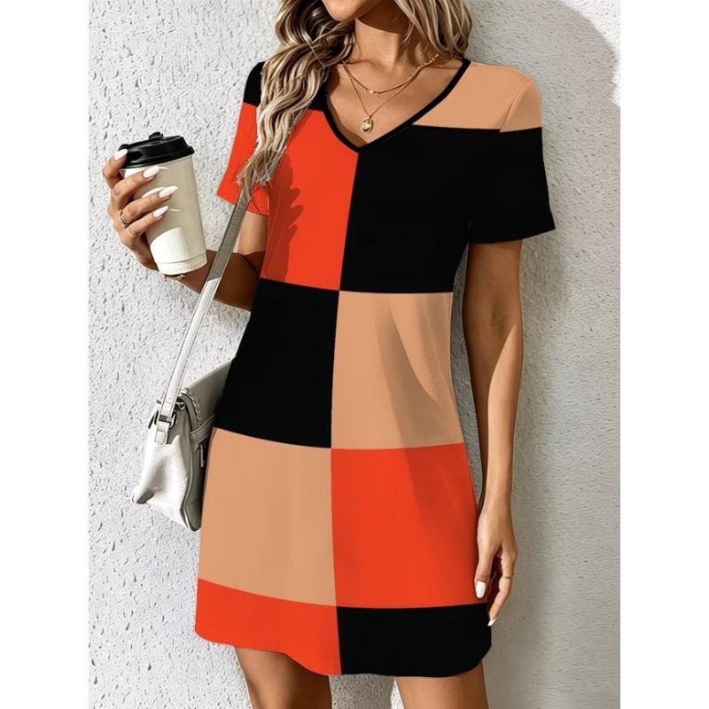 Ladies Summer V-Neck Short Sleeve Casual Dress Fashion Colorful Geometric Print Dress Elegant Women's Clothing