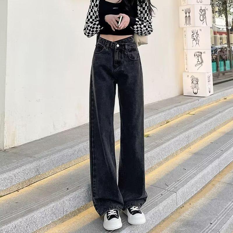 

Женские джинсы с высокой посадкой в гонконгском стиле - Косая пряжка, Нестандартный свободный крой, Широкие брюки для весны и осени 3 Extra Large