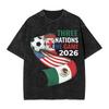 2026 New Vintage Washed Black Tshirt Three Nations Football Print Casual Short Sleeve Tee