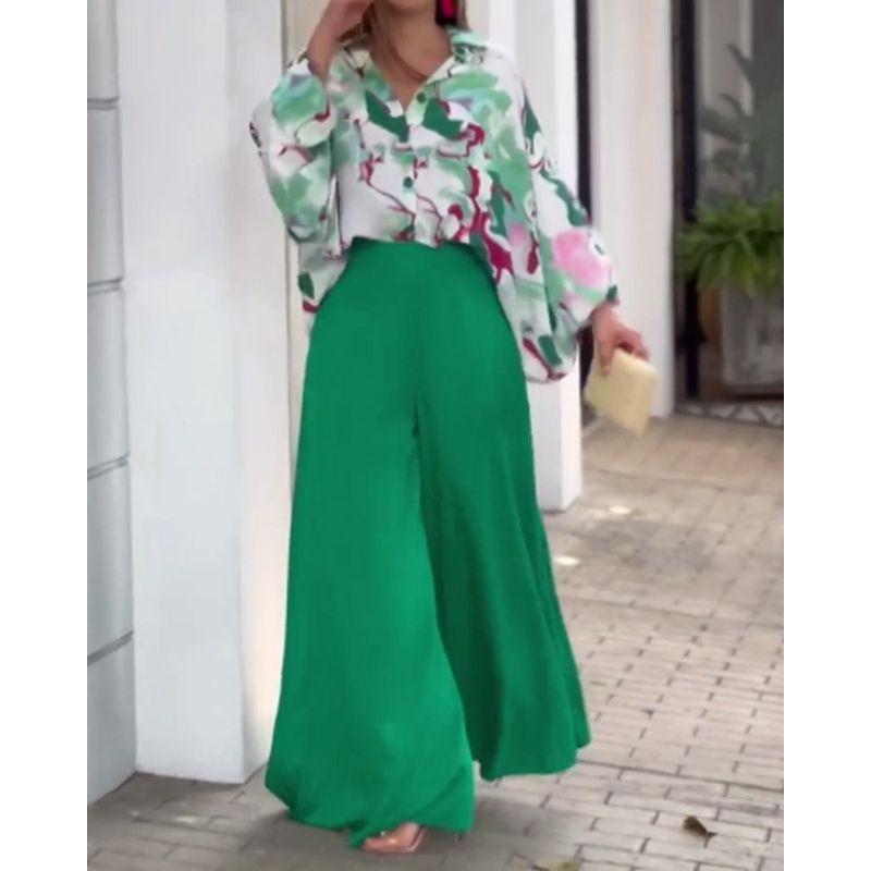 Loose Casual Top Wide Leg Pants Printed Shirt