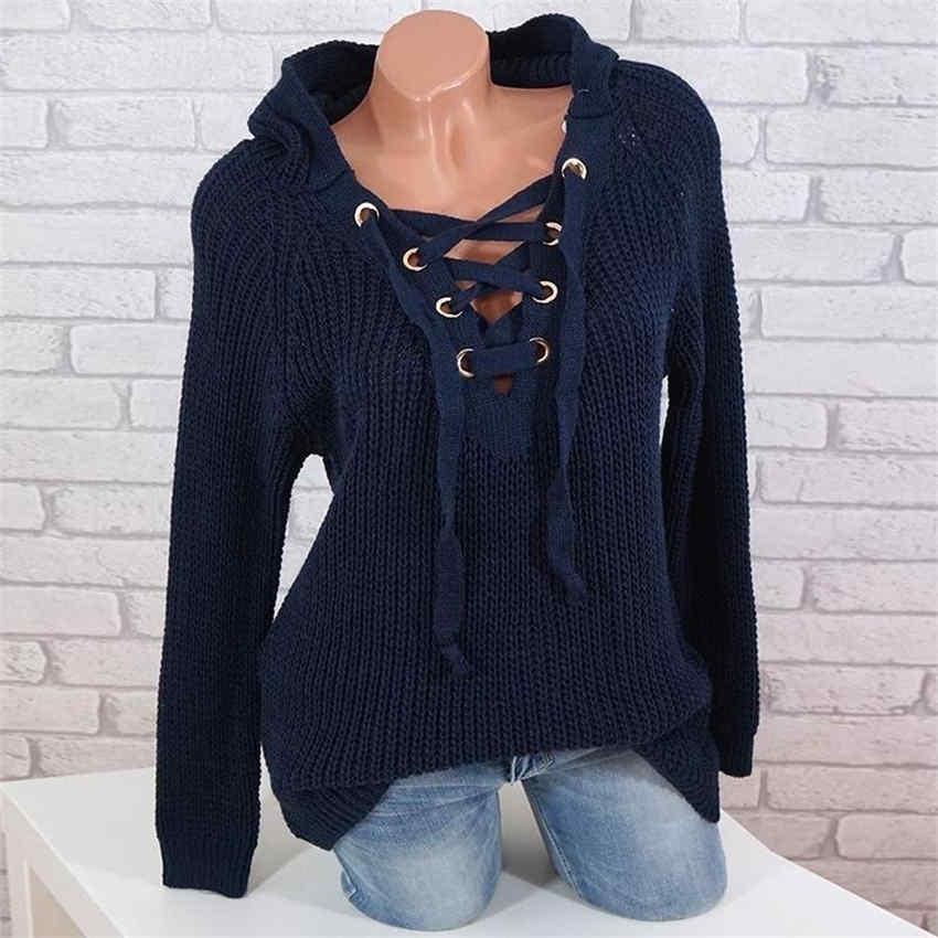 Women's Long Sleeve Hooded Pullover Fashion Autumn/Winter V-neck Sweaters Knitted Tops