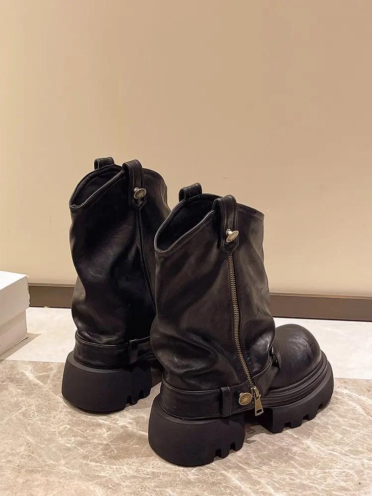 

Мода 2025 Кожа PU Весенние Туфли с Круглым Носком Мотоциклетные Ботинки Женские Ботильоны Женская Мода Труба Осенние Мокасины 35 чёрный