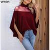 VONDA Women Stand Neck 3/4 Batwing Sleeve Mesh Patchwork Velvet Loose Long Tunic Blouse